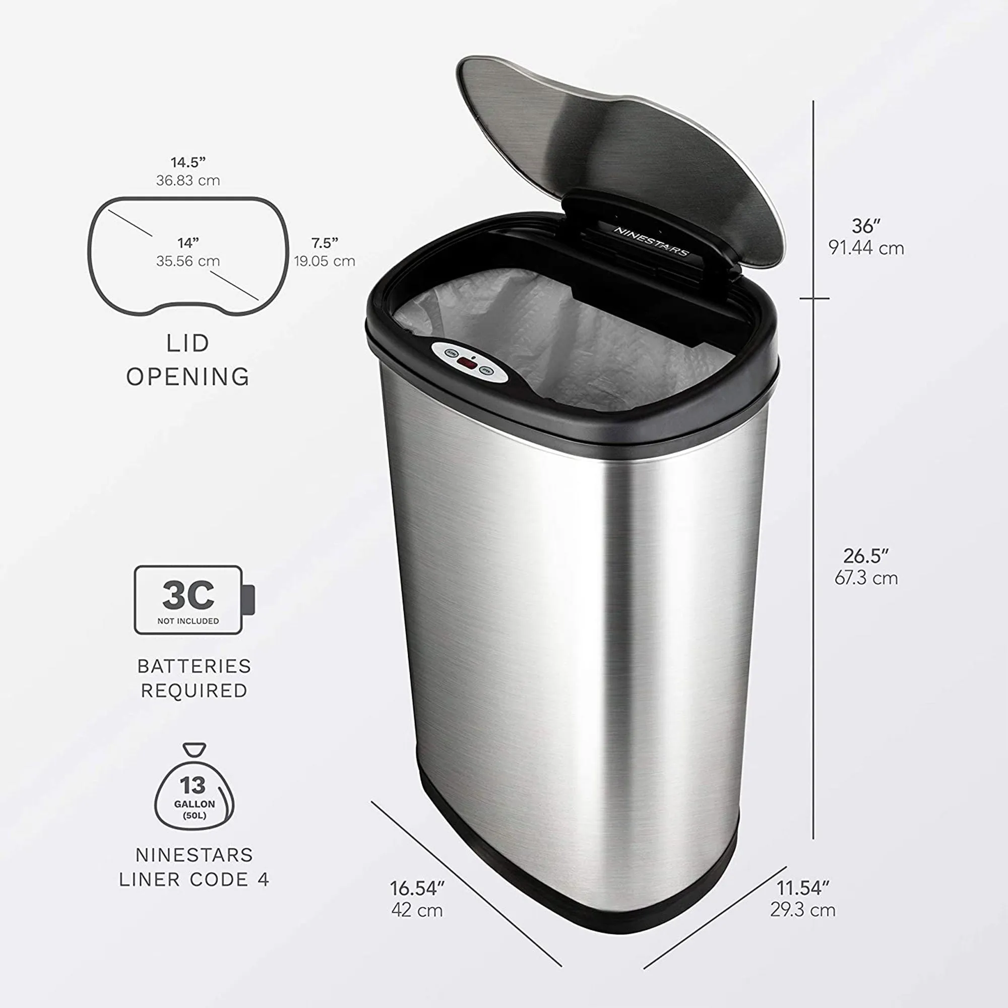 13.2 Gallon & 3.2 Gallon Dual Stainless Steel Motion Sensor Trash Cans (Used)