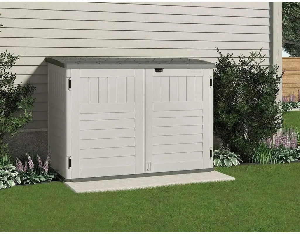 5.9 Ft. X 3.7 Ft Horizontal Stow-Away Storage Shed - Natural Wood-Like Outdoor Storage for Trash Cans and Yard Tools - All-Weather Resin, Hinged Lid, Reinforced Floor - Vanilla and Stoney