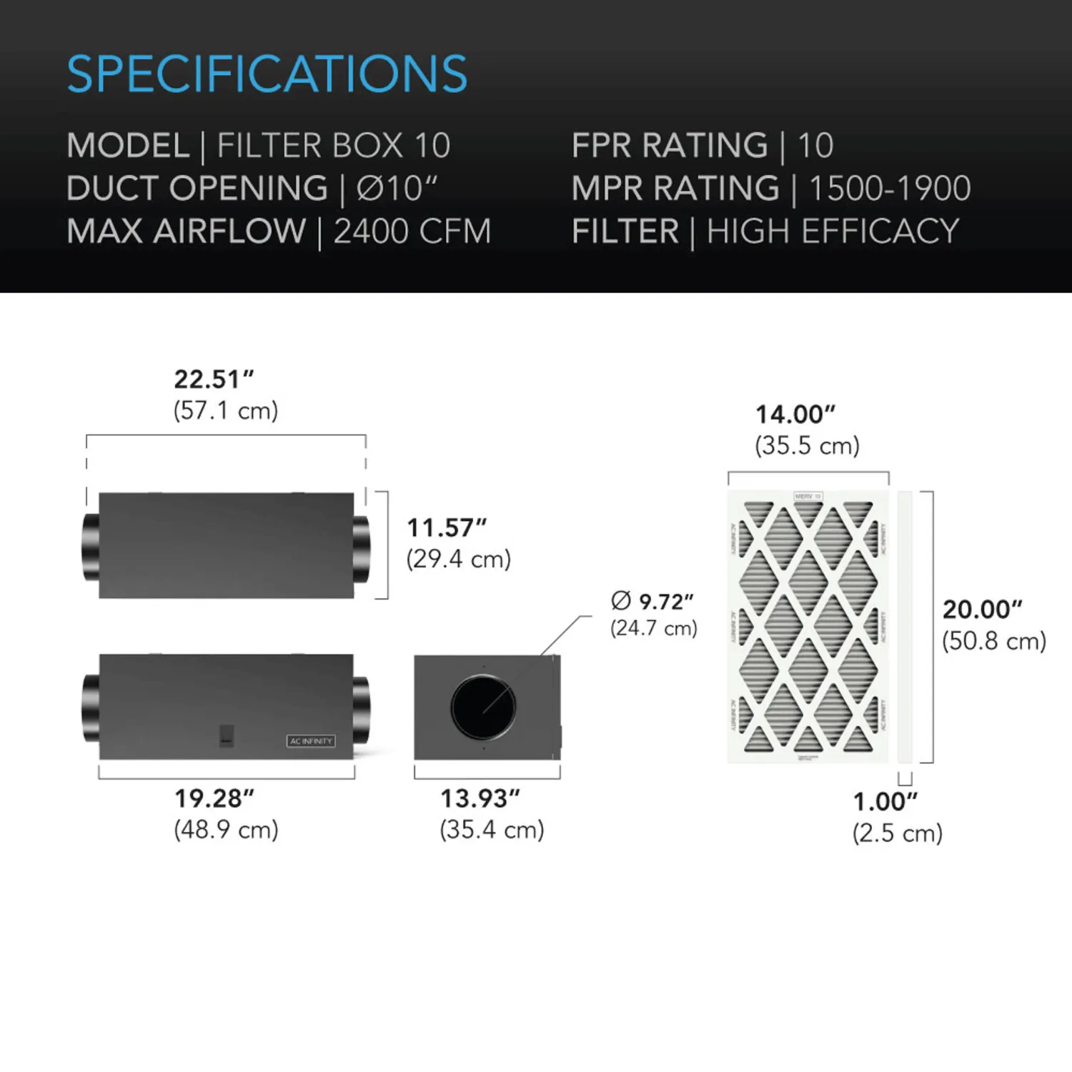 AC Infinity Air Filter Box with High Efficacy Filter, 10-Inch