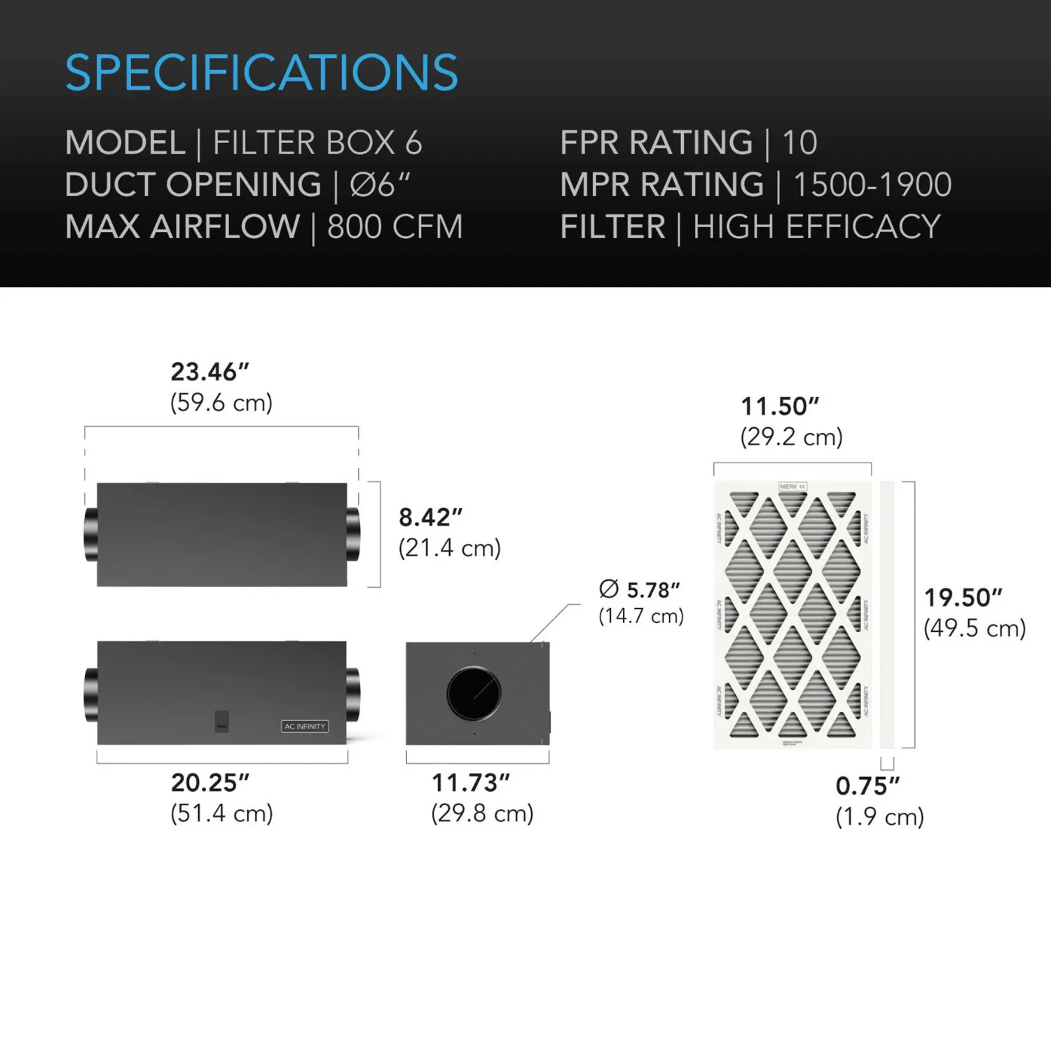 AC Infinity Air Filter Box with High Efficacy Filter, 6-Inch