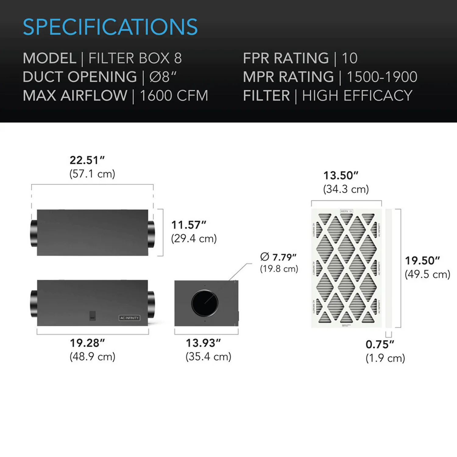 AC Infinity Air Filter Box with High Efficacy Filter, 8-Inch