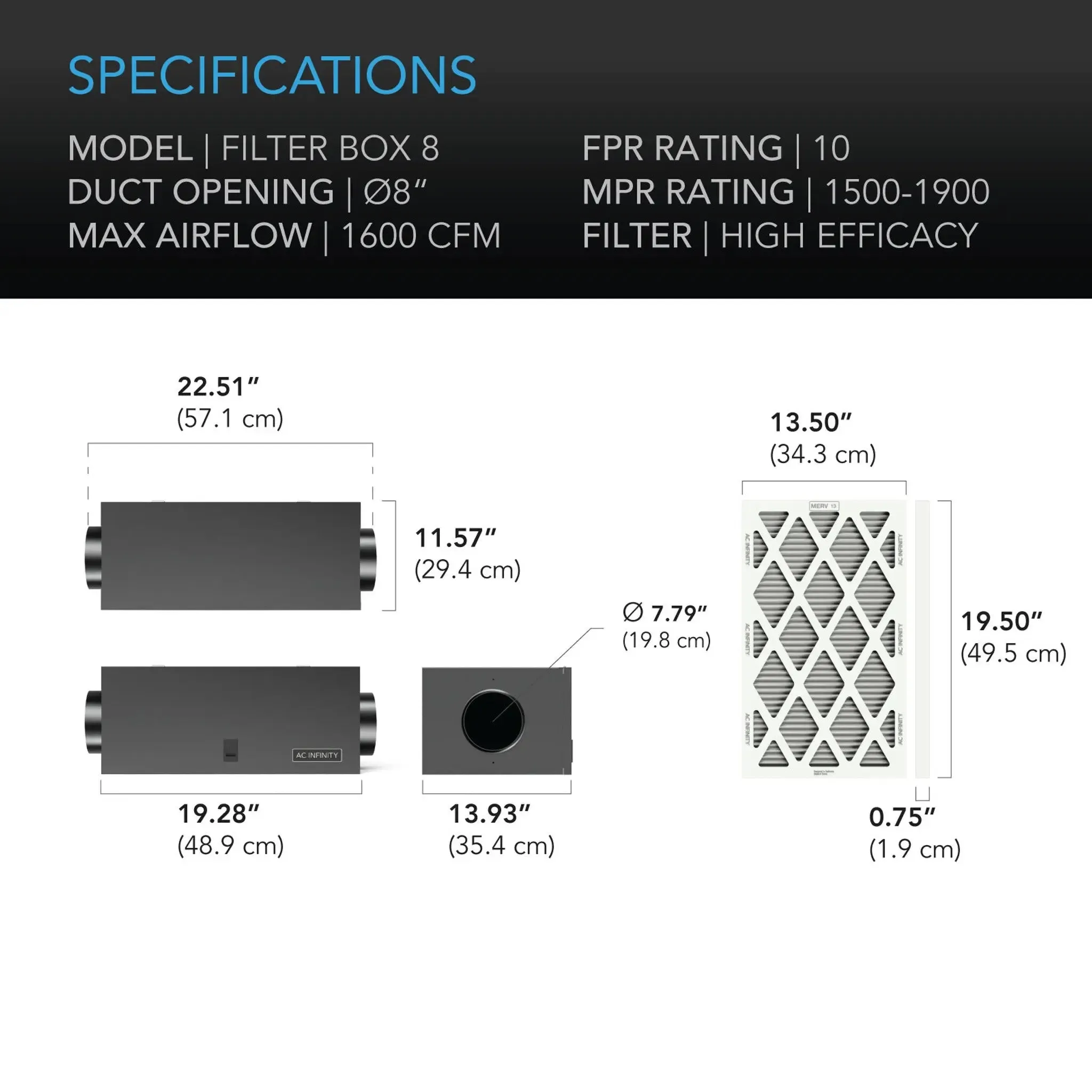 AC Infinity Air Filter Box With High Efficacy Filter, 8"