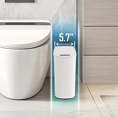 Cesun Papelera automática con sensor de movimiento para baño con tapa, cubo de basura sin contacto de 2,6 galones, cubo de basura delgado de plástico inteligente, pequeño cesto de basura blanco para inodoro, oficina, RV, dormitorio, sala de estar