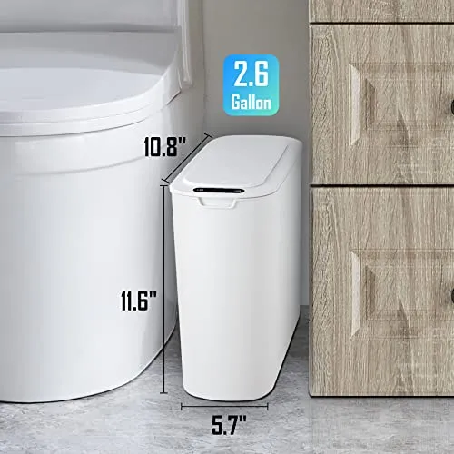 Cesun Papelera automática con sensor de movimiento para baño con tapa, cubo de basura sin contacto de 2,6 galones, cubo de basura delgado de plástico inteligente, pequeño cesto de basura blanco para inodoro, oficina, RV, dormitorio, sala de estar