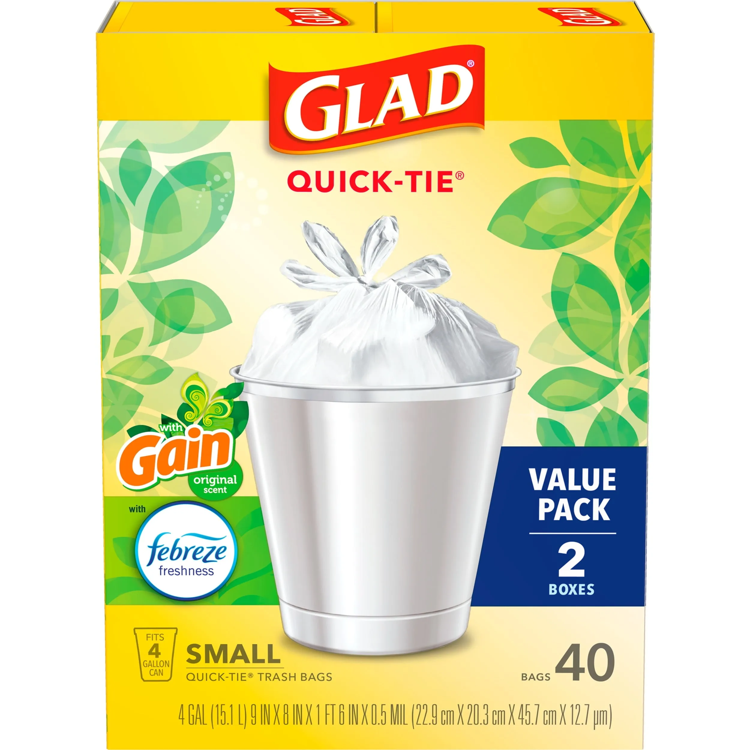 Glad 4 Gallon Small Quick Tie Trash Bags, Gain Original Scent, Febreze Freshness, 40 Bags