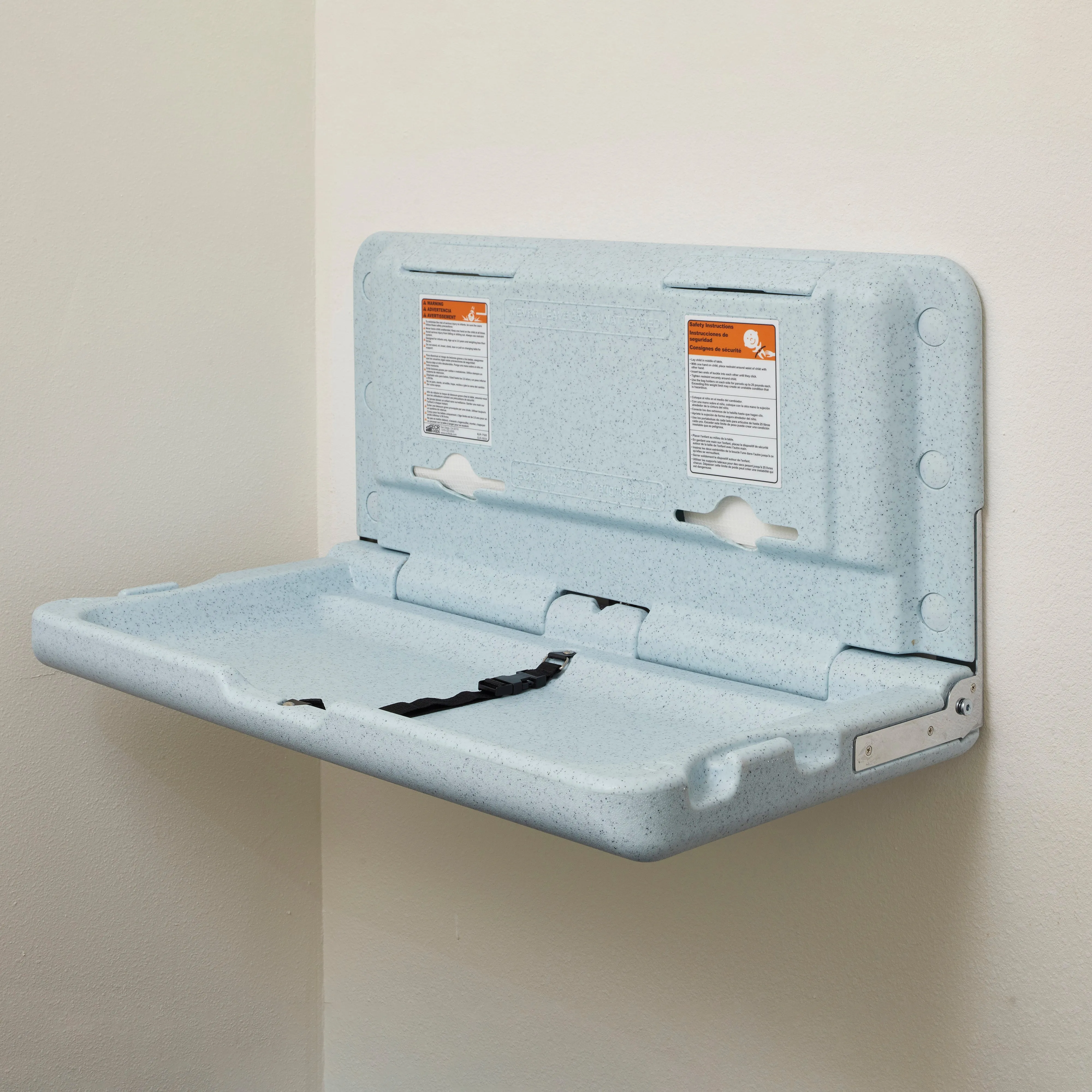 Horizontal Wall-Mounted Changing Station, Fold-Down Table, Safety Strap, Liner Dispensers, Bag Hooks