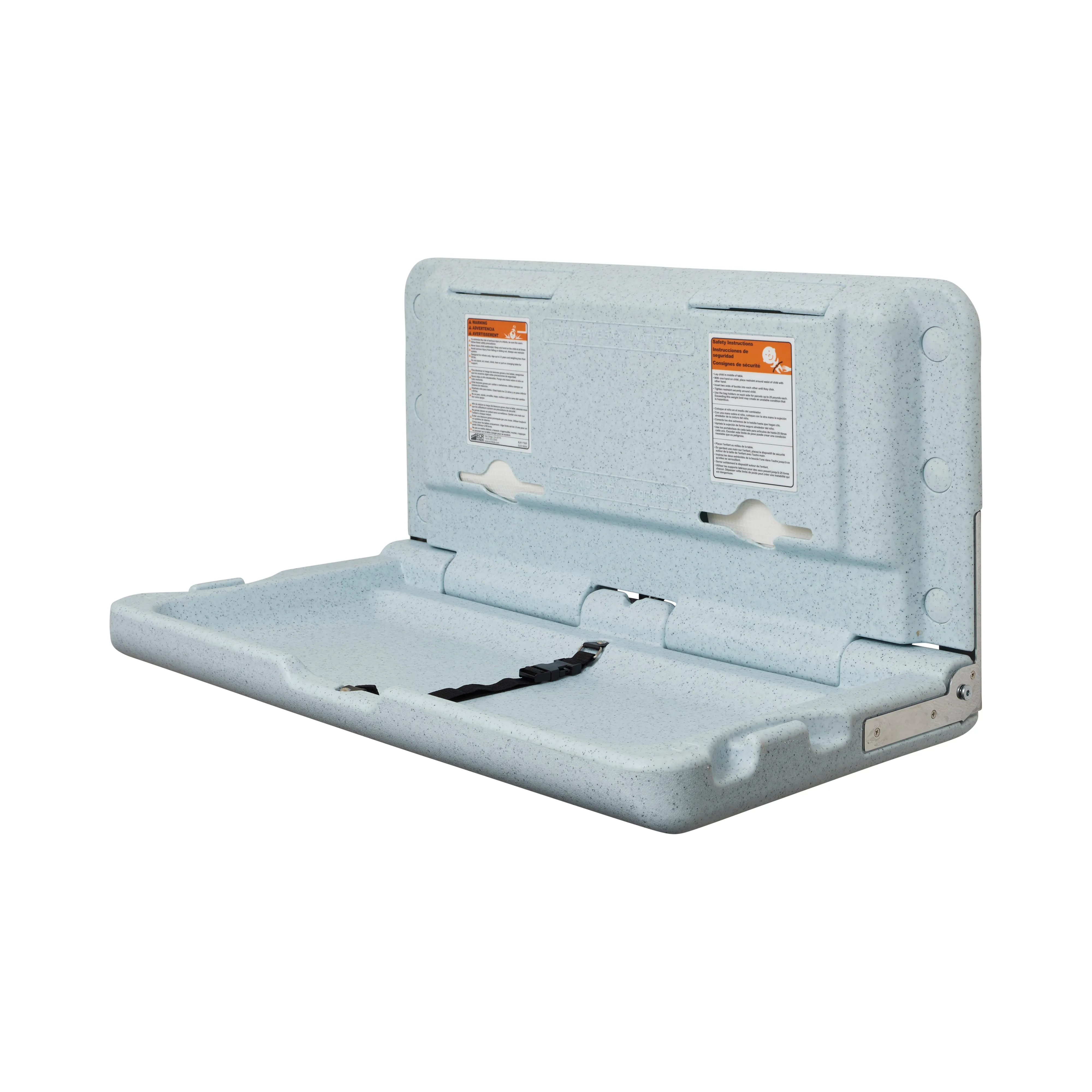 Horizontal Wall-Mounted Changing Station, Fold-Down Table, Safety Strap, Liner Dispensers, Bag Hooks