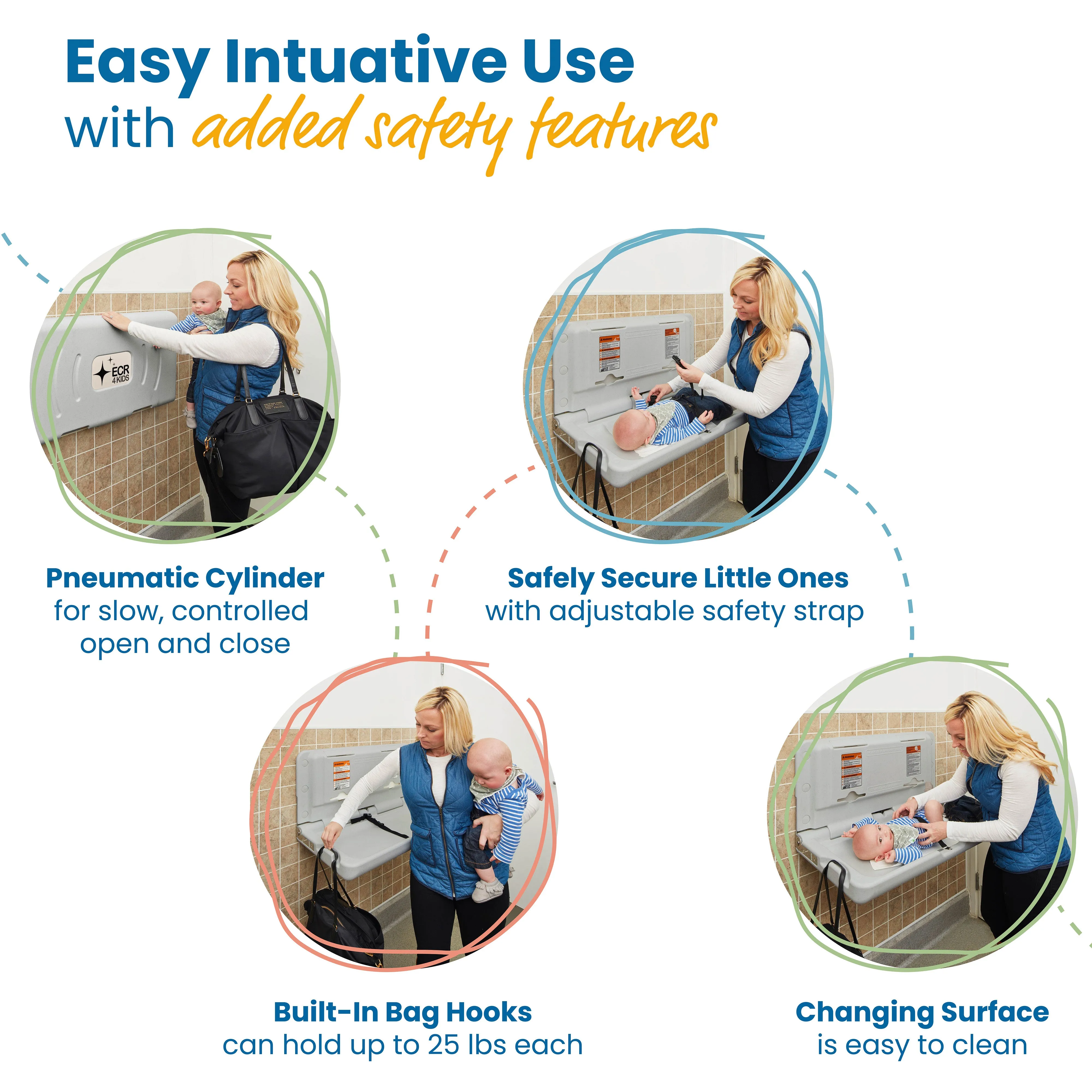 Horizontal Wall-Mounted Changing Station, Fold-Down Table, Safety Strap, Liner Dispensers, Bag Hooks