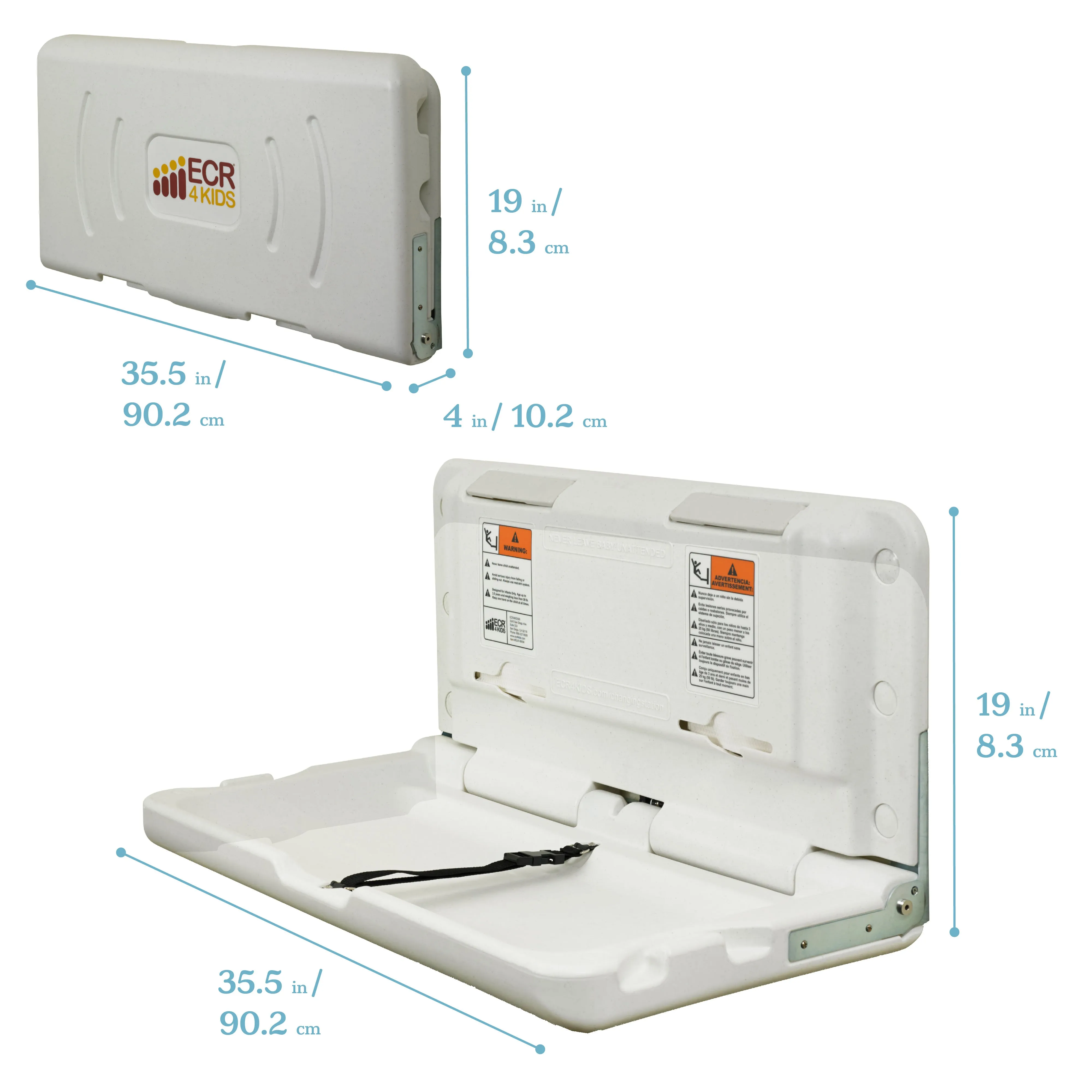 Horizontal Wall-Mounted Changing Station, Fold-Down Table, Safety Strap, Liner Dispensers, Bag Hooks