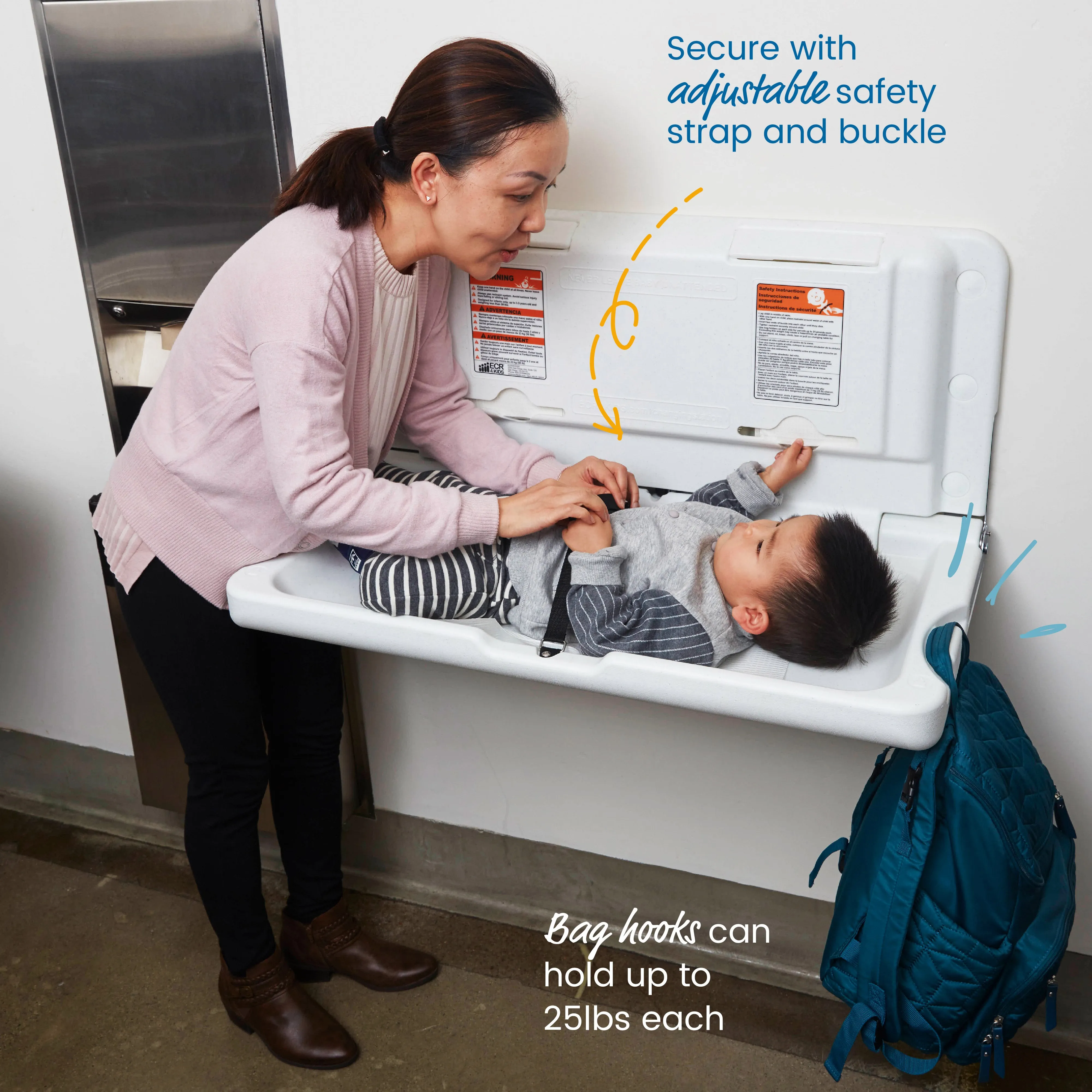 Horizontal Wall-Mounted Changing Station, Fold-Down Table, Safety Strap, Liner Dispensers, Bag Hooks