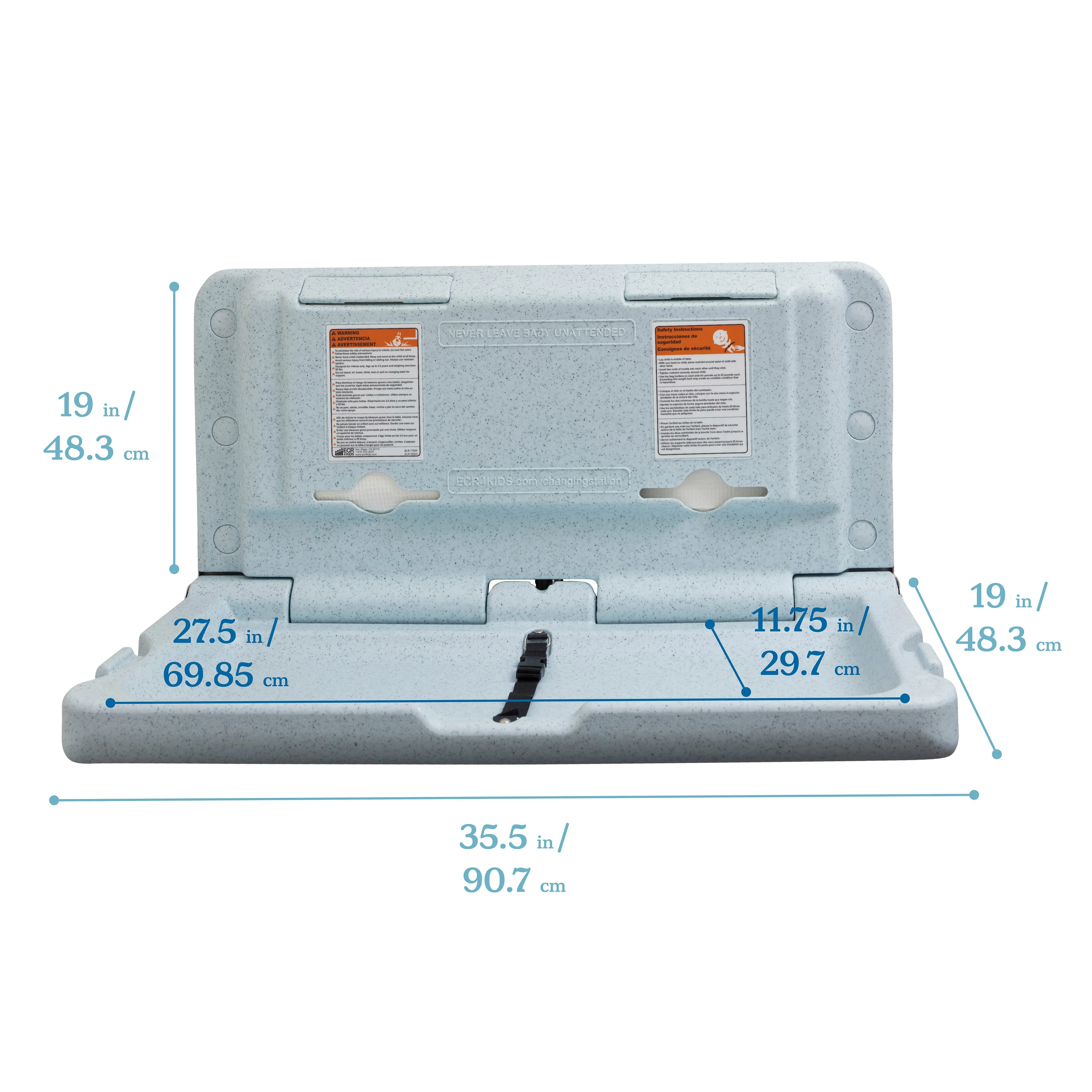 Horizontal Wall-Mounted Changing Station, Fold-Down Table, Safety Strap, Liner Dispensers, Bag Hooks