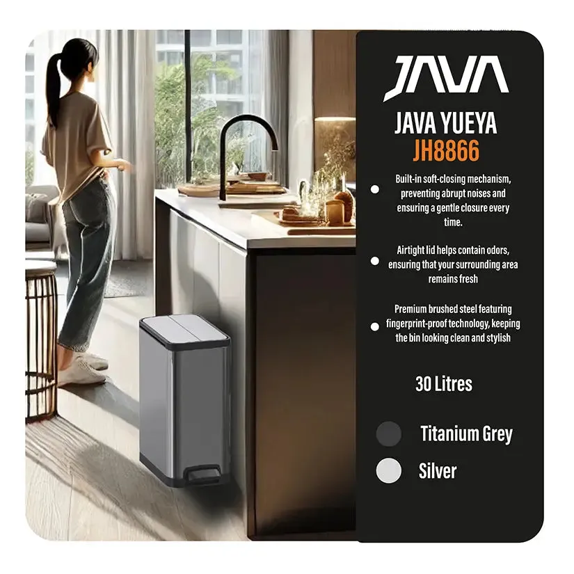 JAVA Dustbin | YUEYA | JH8866 | 30L | Slim Step Bin | Soft Closing | Trash Bin | Dustbin for Kitchen