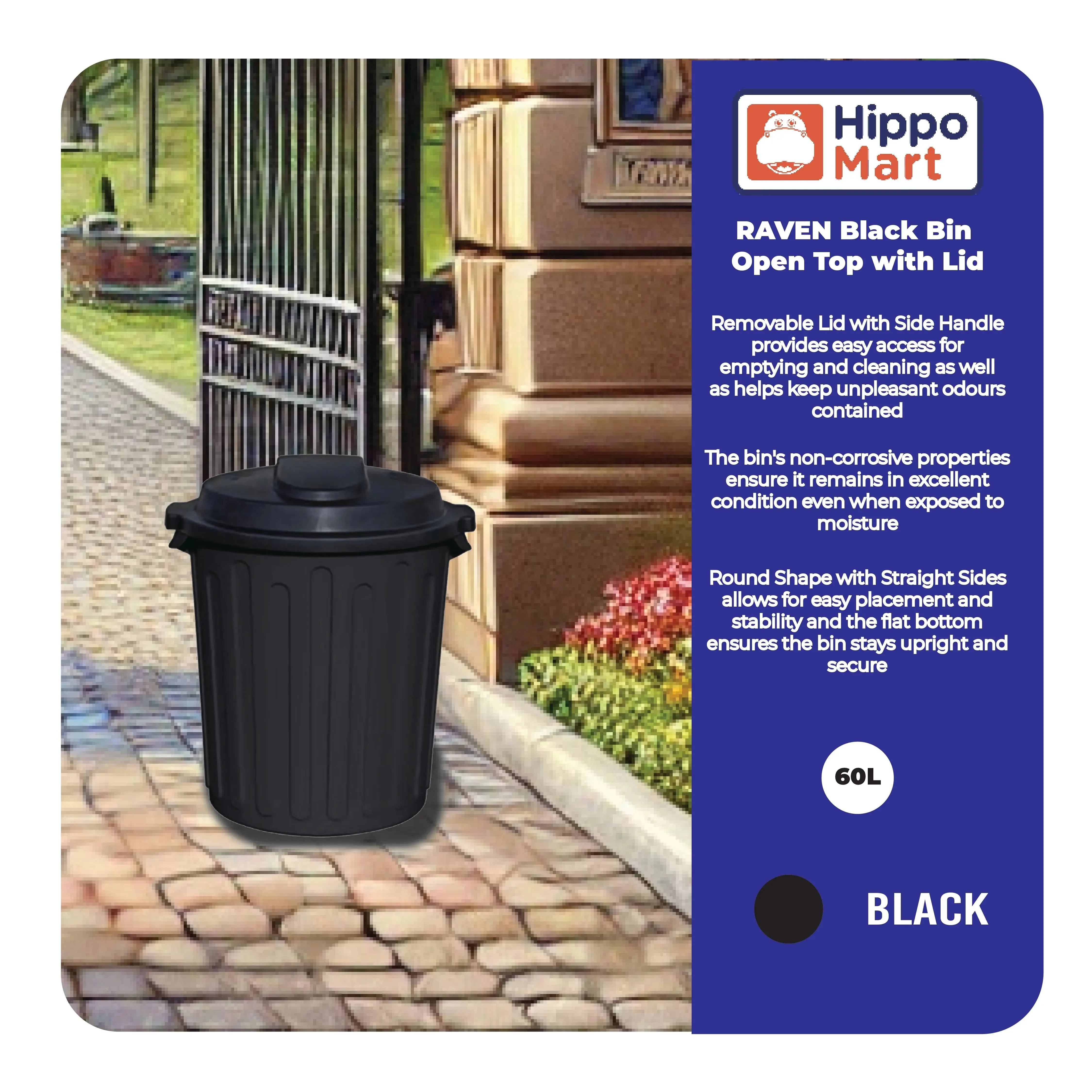 RAVEN Dustbin | Black Bin | Open Top Dustbin | Rubbish Bin | Lid | 60L | Trash Bin