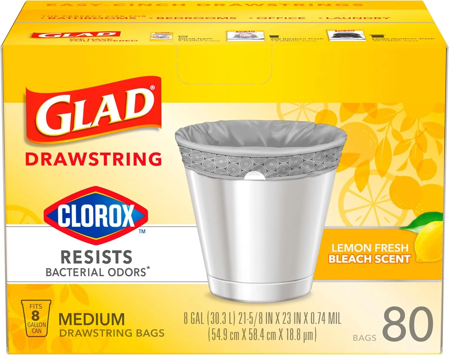 Trash Bags, Medium Drawstring Garbage Bags with Clorox, 8 Gallon Grey Trash Bags, Lemon Fresh Bleach Scent, (Package May Vary), Lemon, 80 Count