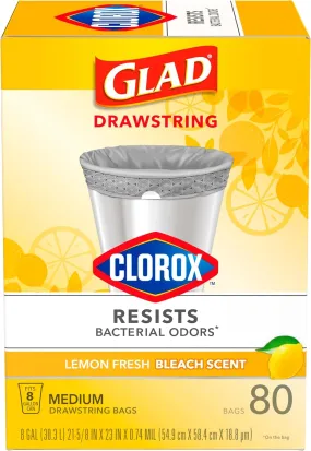 Trash Bags, Medium Drawstring Garbage Bags with Clorox, 8 Gallon Grey Trash Bags, Lemon Fresh Bleach Scent, (Package May Vary), Lemon, 80 Count